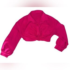 Vintage 90s hot pink cropped faux tie front blouse with an elastic stretch back